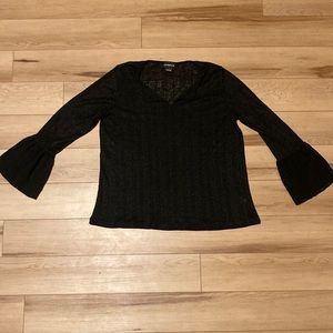 Liz Claiborne See Through Cover Up Flared Long Sleeve Black V-Neck Shirt Size L